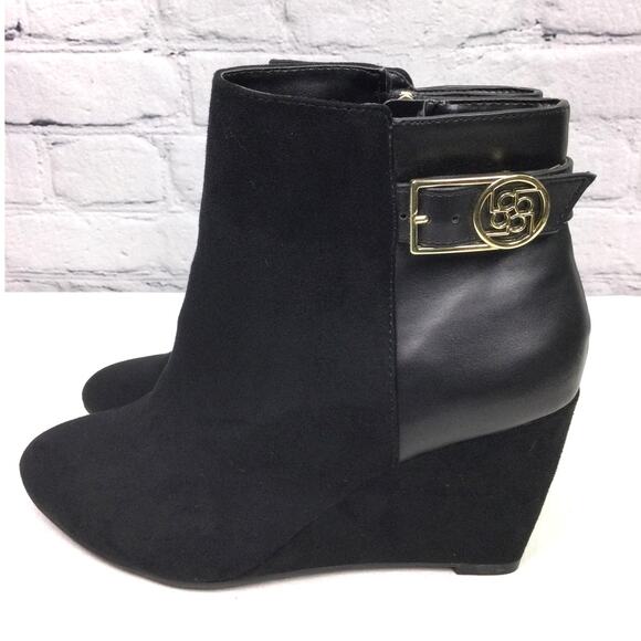 Liz Claiborne Vegan Leather Memory Foam Wedge Gold Tone Buckle Ankle Bootie 7M - Picture 7 of 13